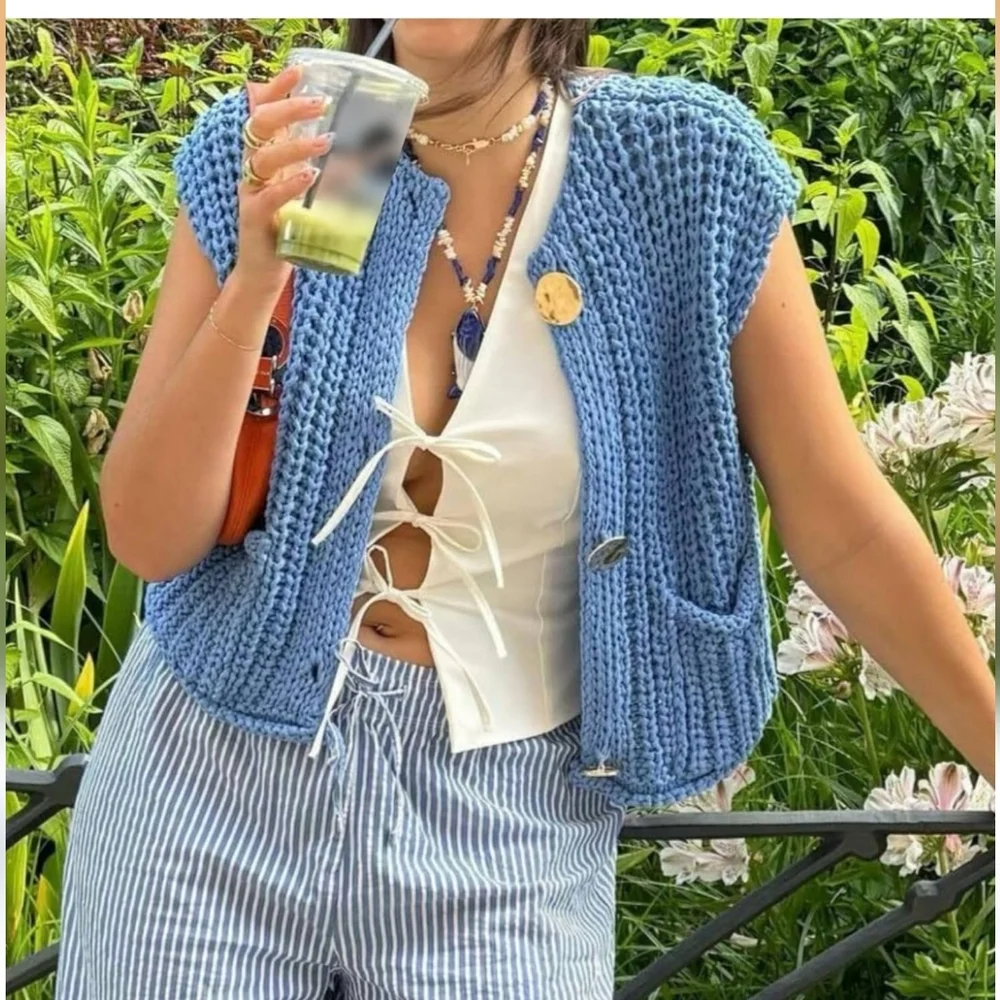 Blue Knit Women's Sweater Vest - Picture 1 of 4